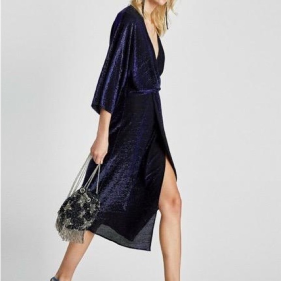 Zara Shimmery Dress Slit Front Neon Blue - Picture 2 of 10